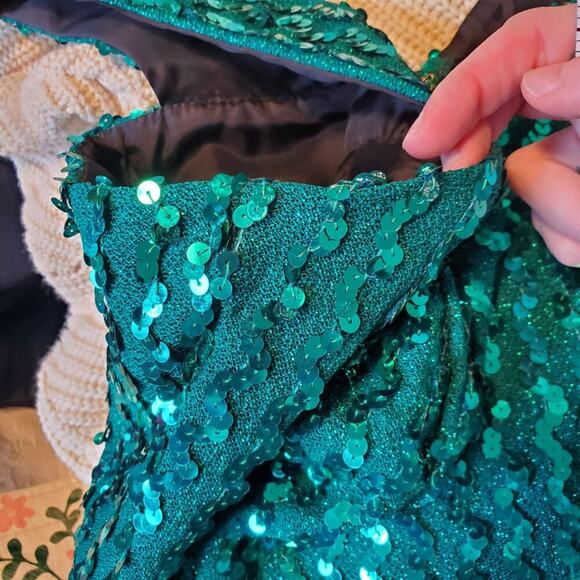 Vintage 80s Teal Sequin Embellished Sleeveless V Neck Mermaid Maxi Dress - Picture 14 of 16